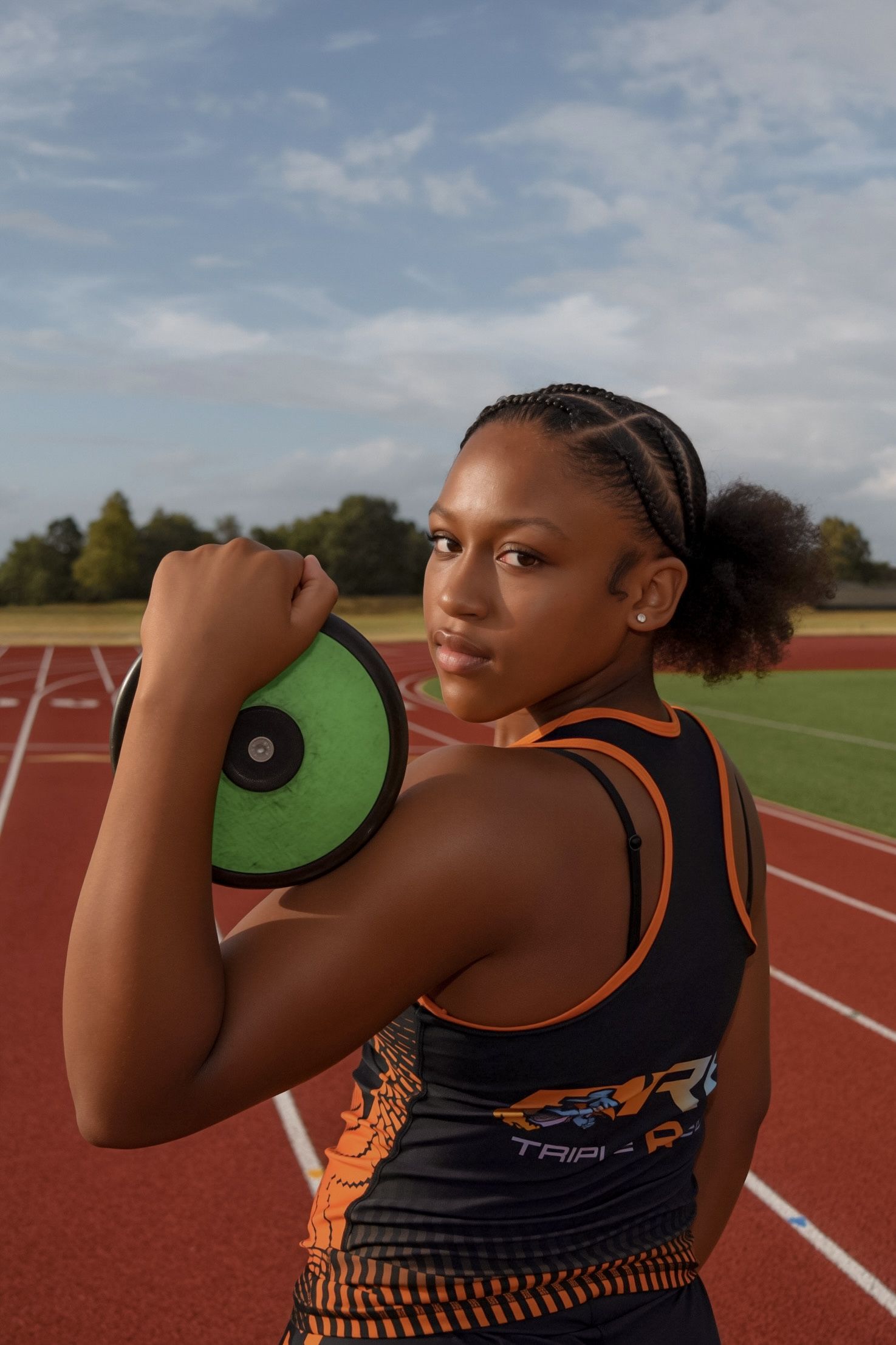 Female track athlete holding green discus on red running track in athletic uniform.