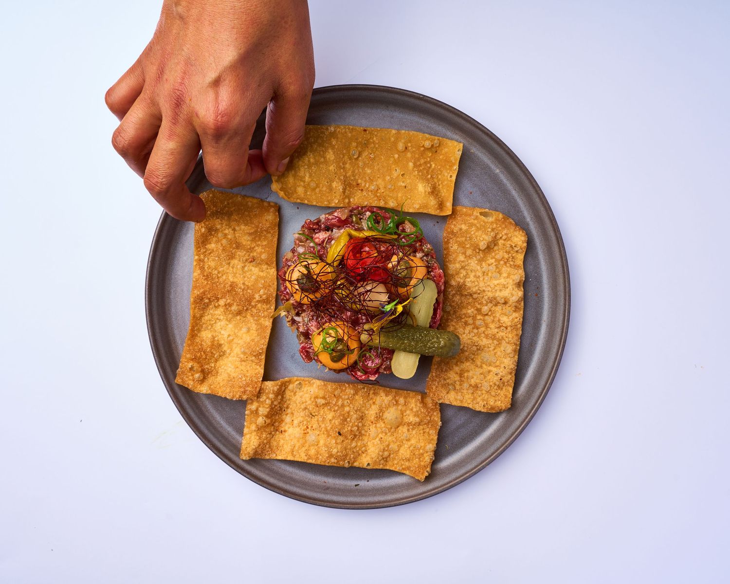 Presentación de un plato gourmet con pan tostado y carne vacuna