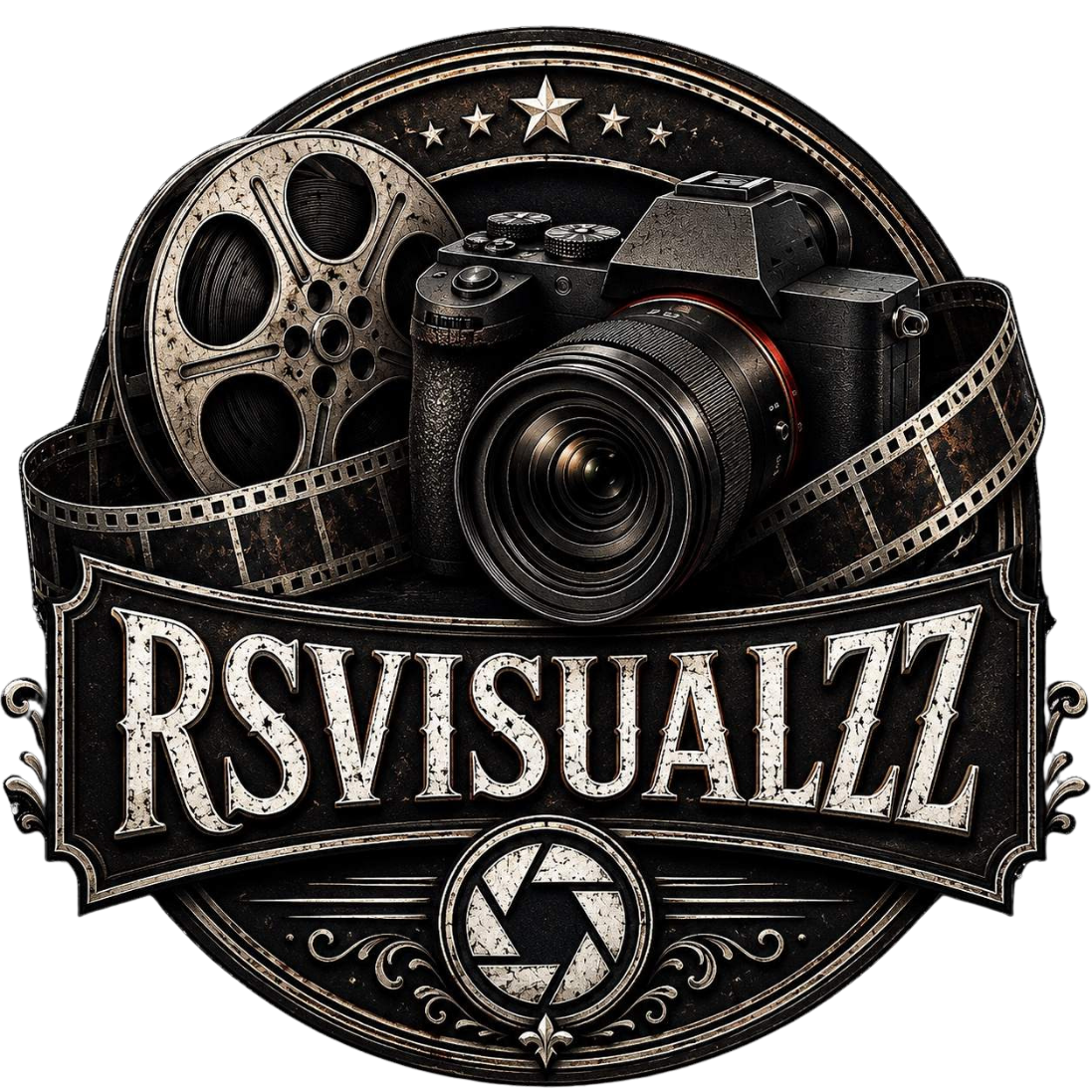RSVisualzz vintage-style photography and videography logo with film reel and camera.