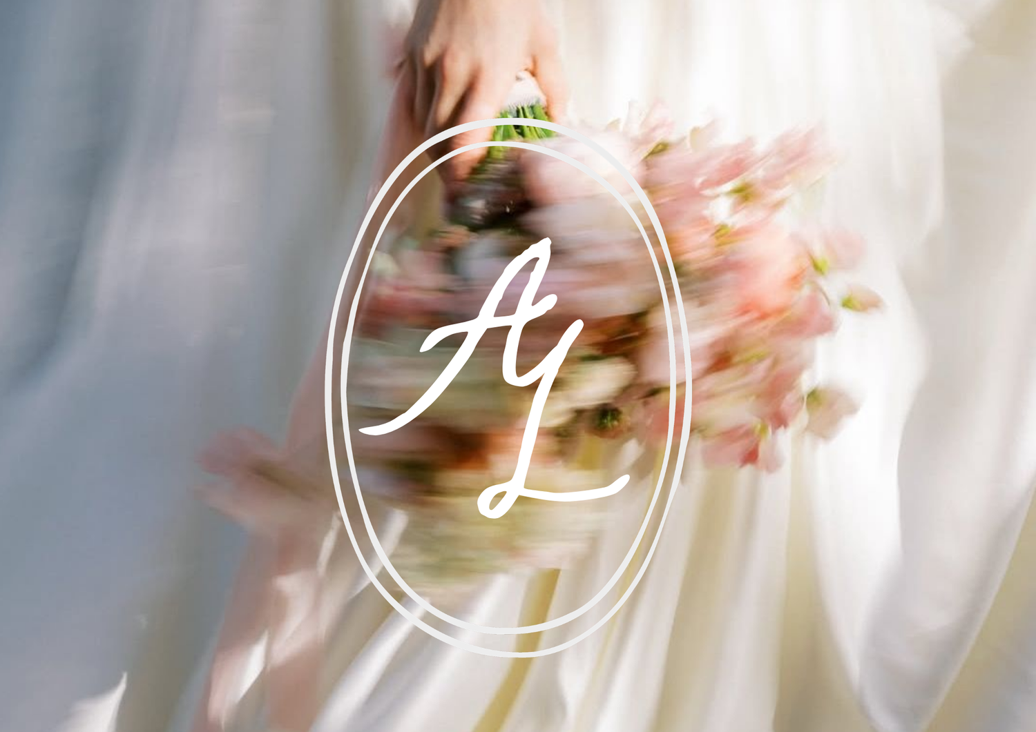 Bride holding a pink floral bouquet with a cursive logo overlay.