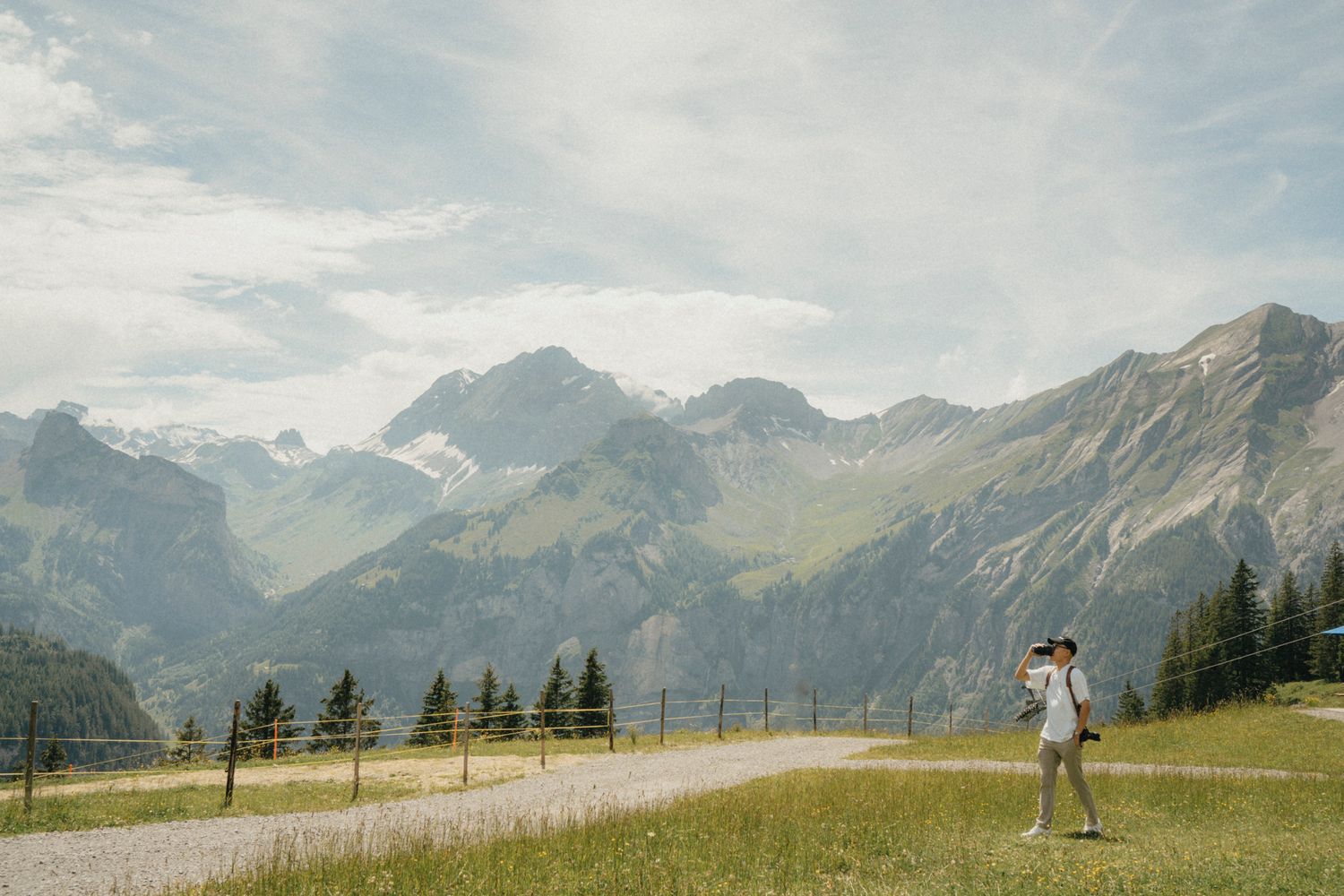 Person stands on mountain viewpoint overlooking dramatic Alpine peaks and valley.
