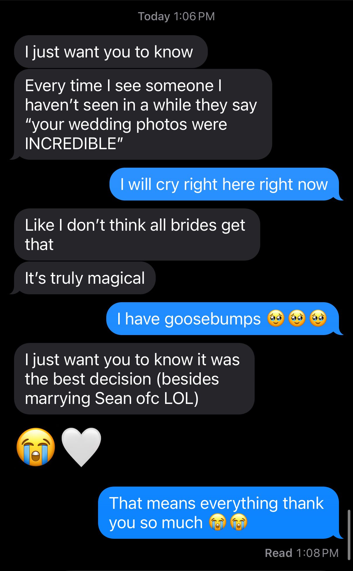 Text message conversation showing emotional exchange about wedding photos with blue and gray message bubbles.