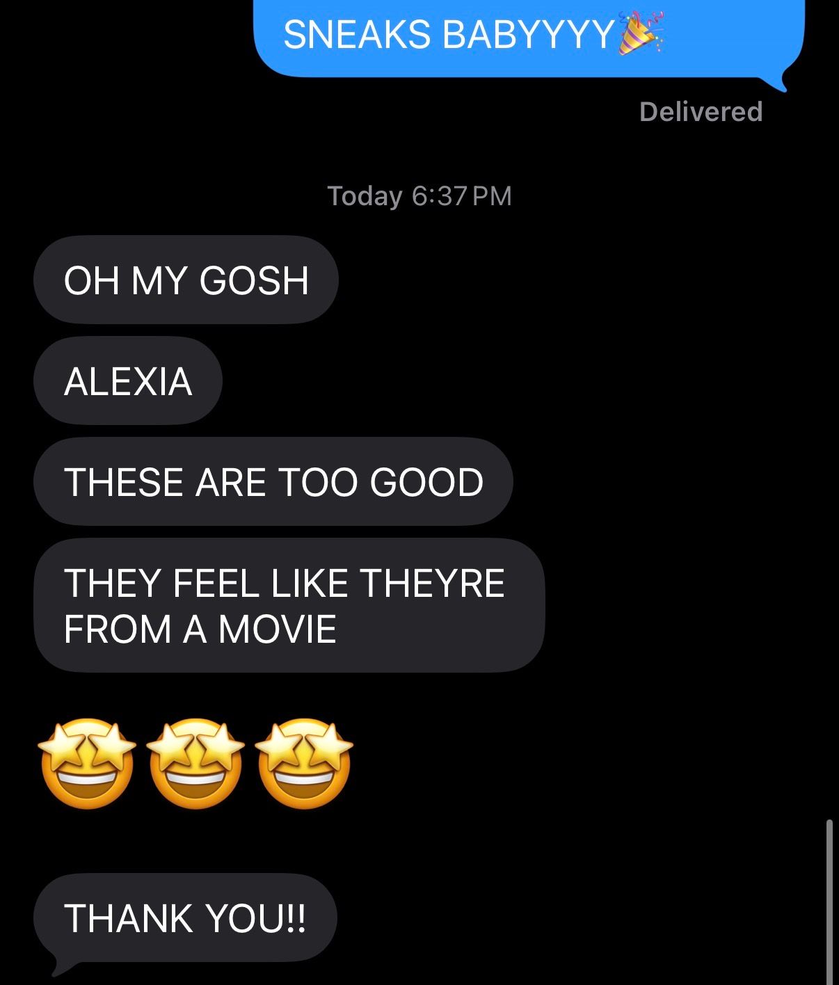 Text message conversation showing multiple messages with emojis and excited responses about sneakers.