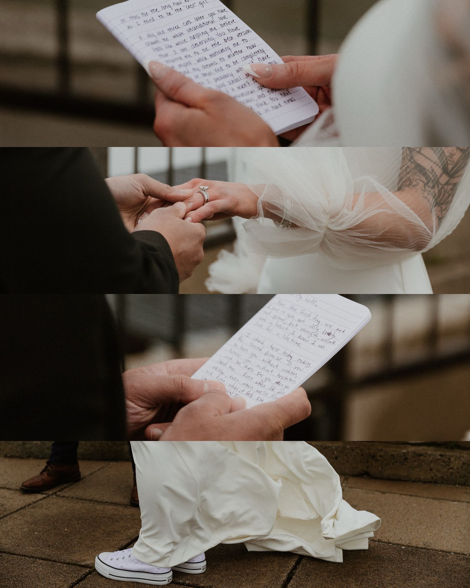 Close-up of couple exchanging handwritten vows during their ceremony.
