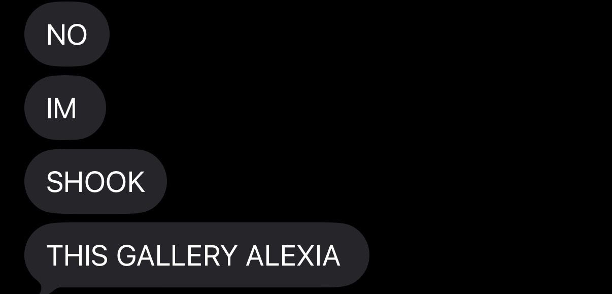 A series of black and white text messages showing phrases like 