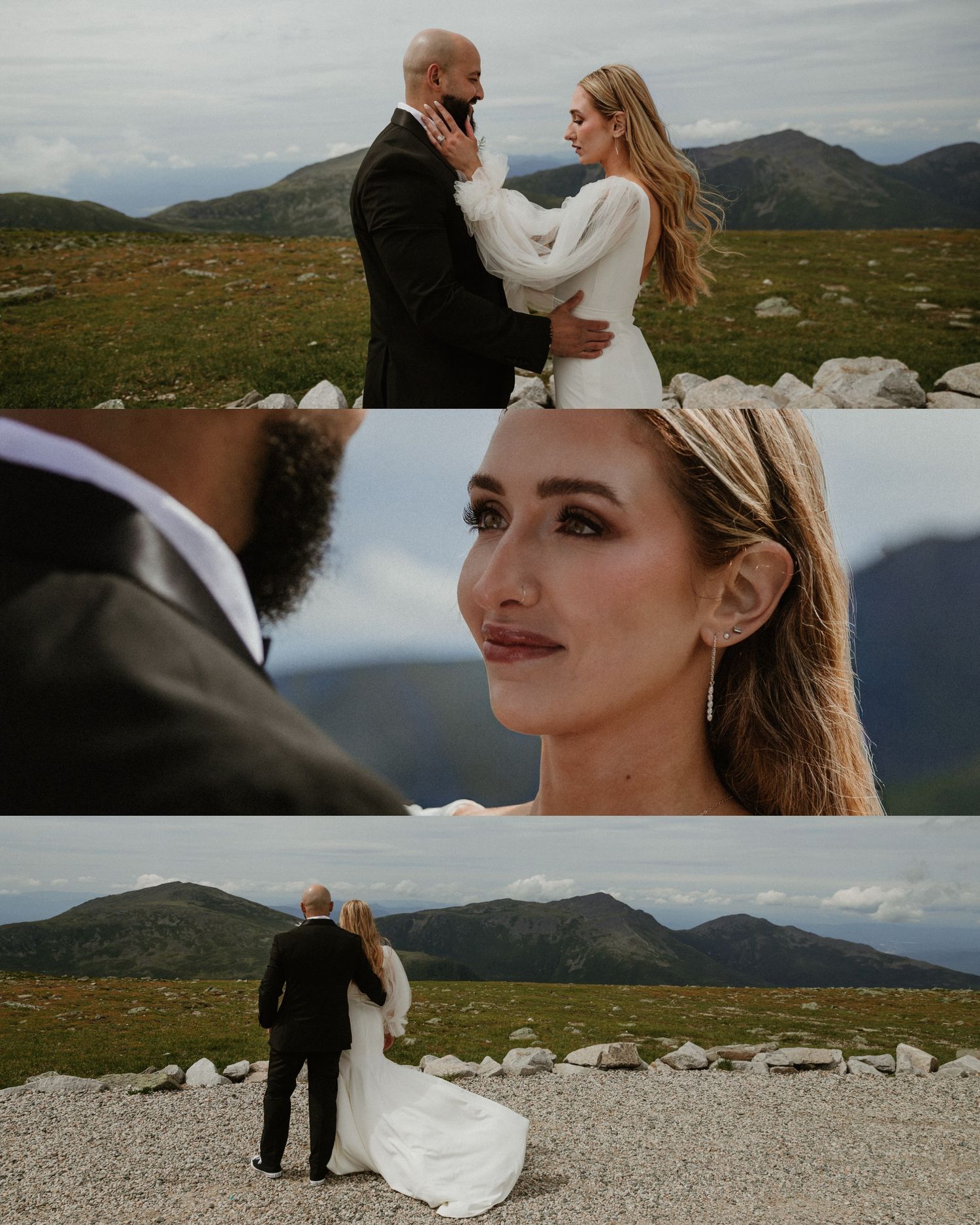 Wedding couple sharing intimate moments against a mountain landscape backdrop.