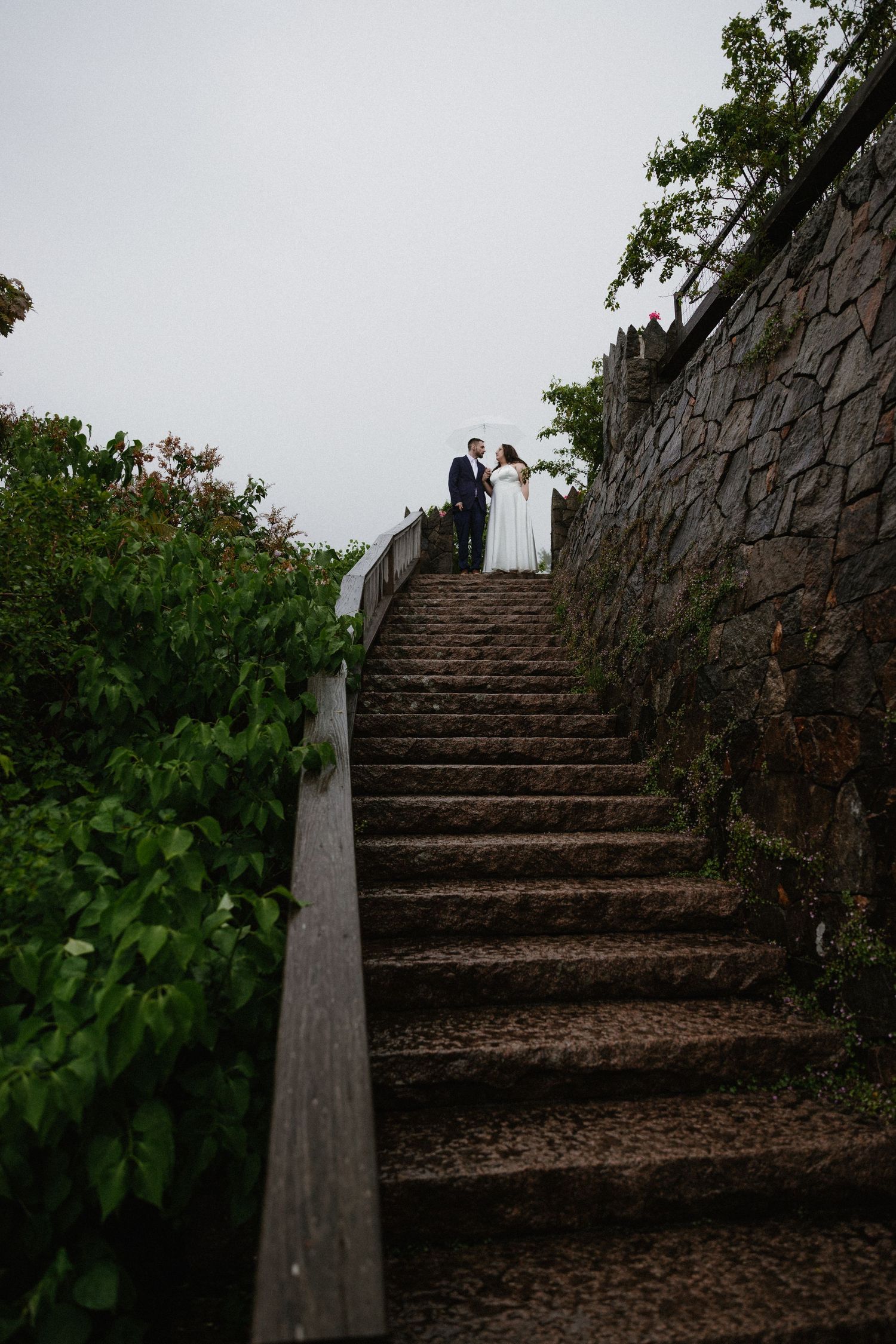 Ancient stone steps wind upward through green foliage on a misty day.