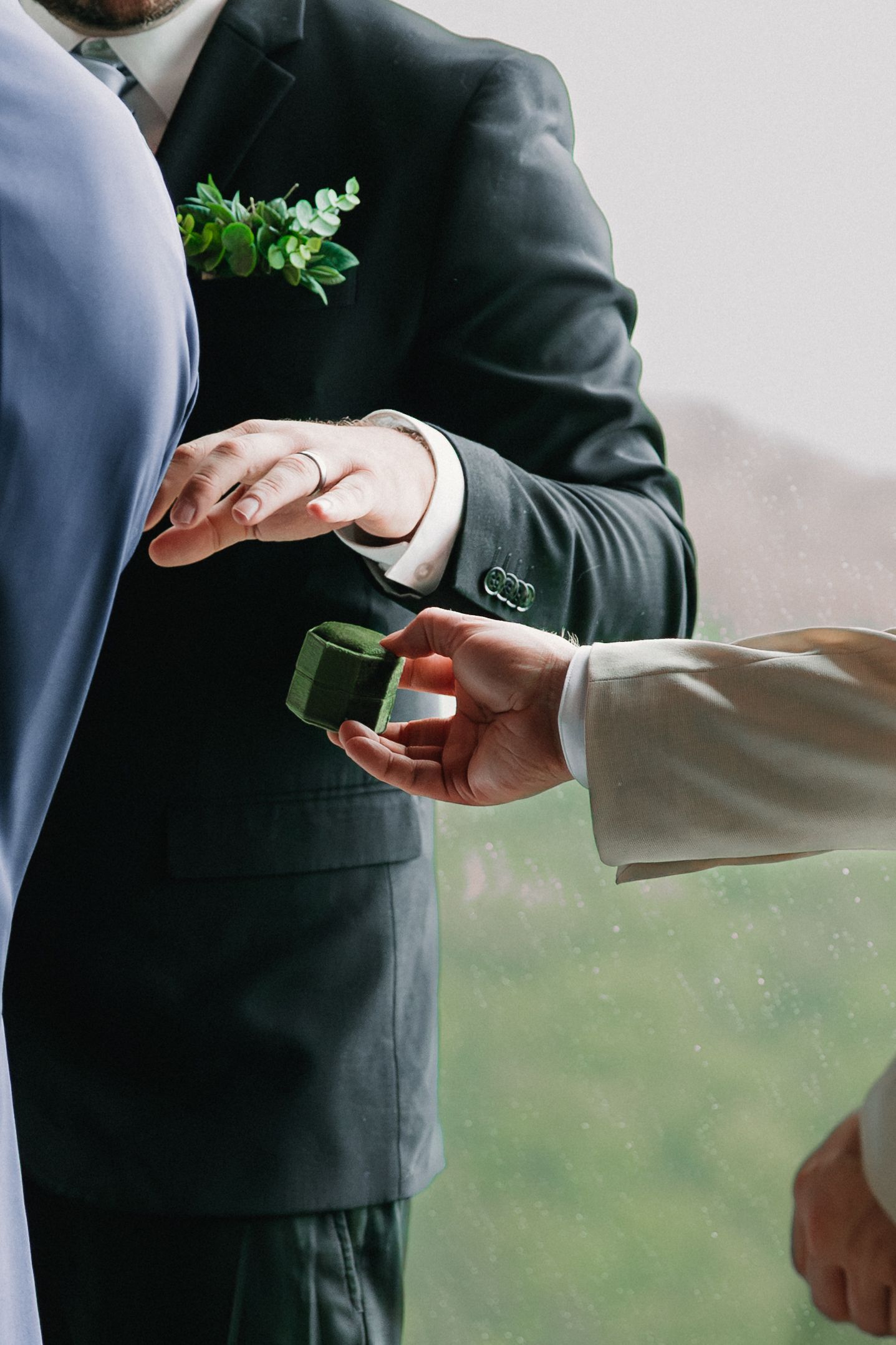 Hands exchanging wedding rings with delicate greenery in the background.