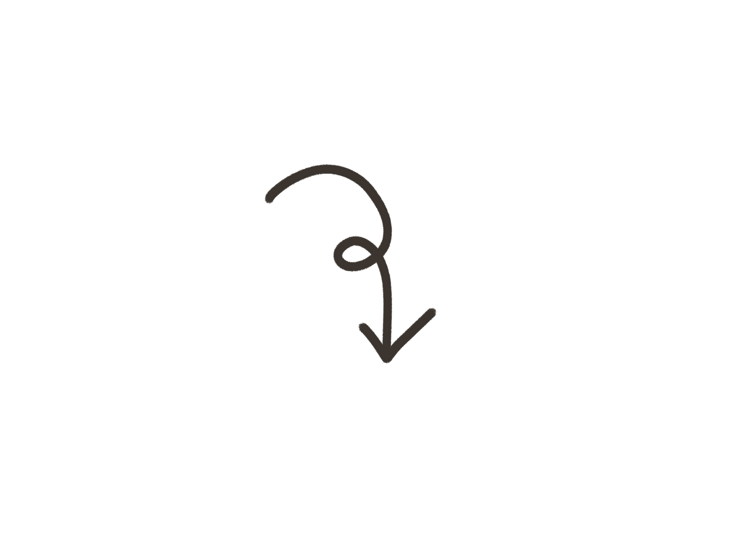 Hand-drawn curly arrow pointing downward, minimalist black line art on white background.
