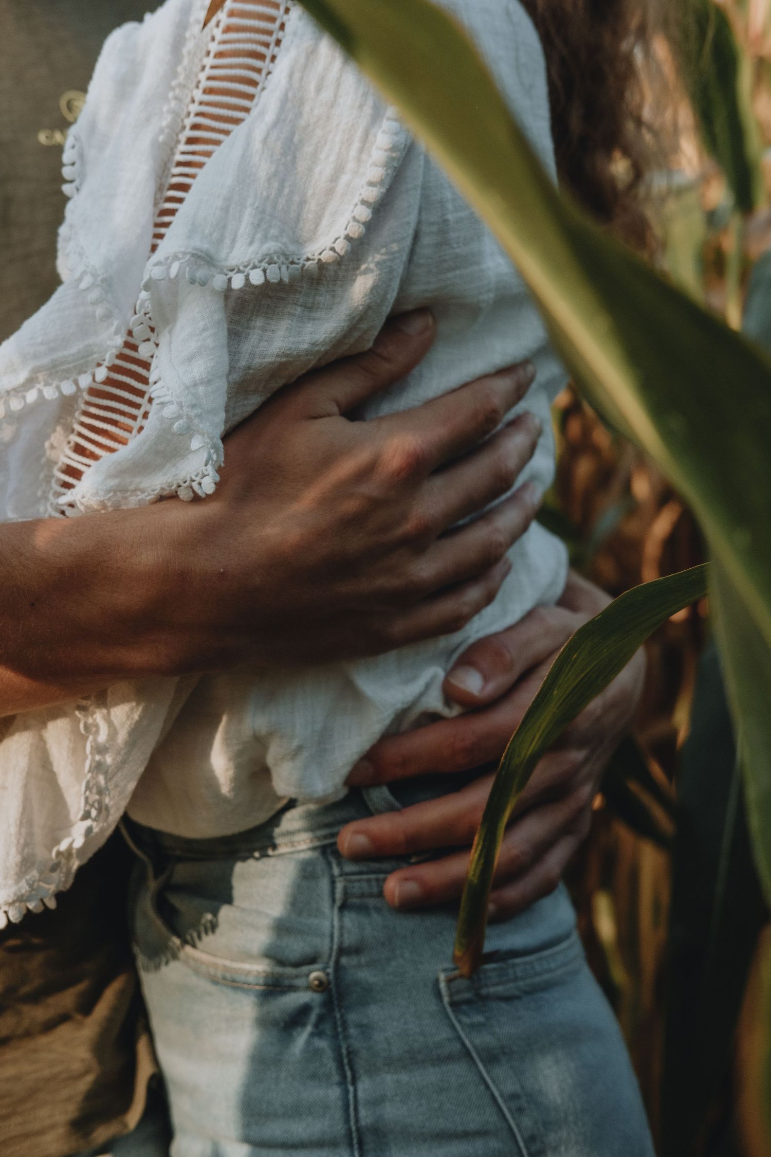 Interracial couple embraces intimately in cornfield, hands wrapped around waist.