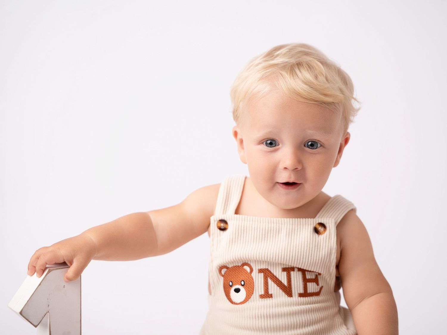 Adorable blonde baby boy in a cream bear ONE romper posing for his first birthday portrait photo.
