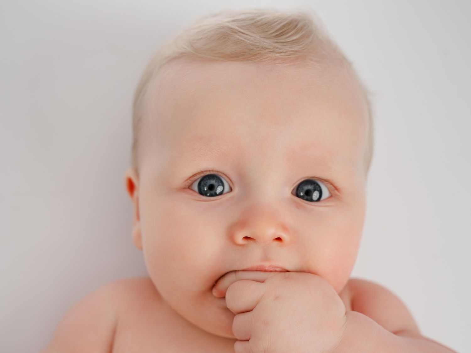 Close-up portrait of a cute baby with blue eyes sucking on their fist against a white background.