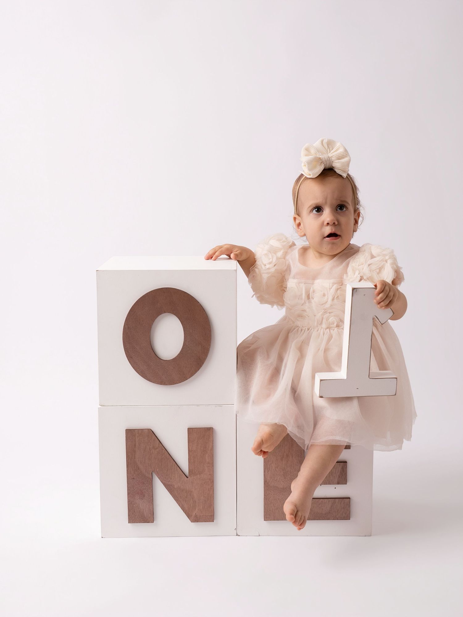 Baby girl in white lace dress poses with ONE letter blocks for her first birthday photo session.