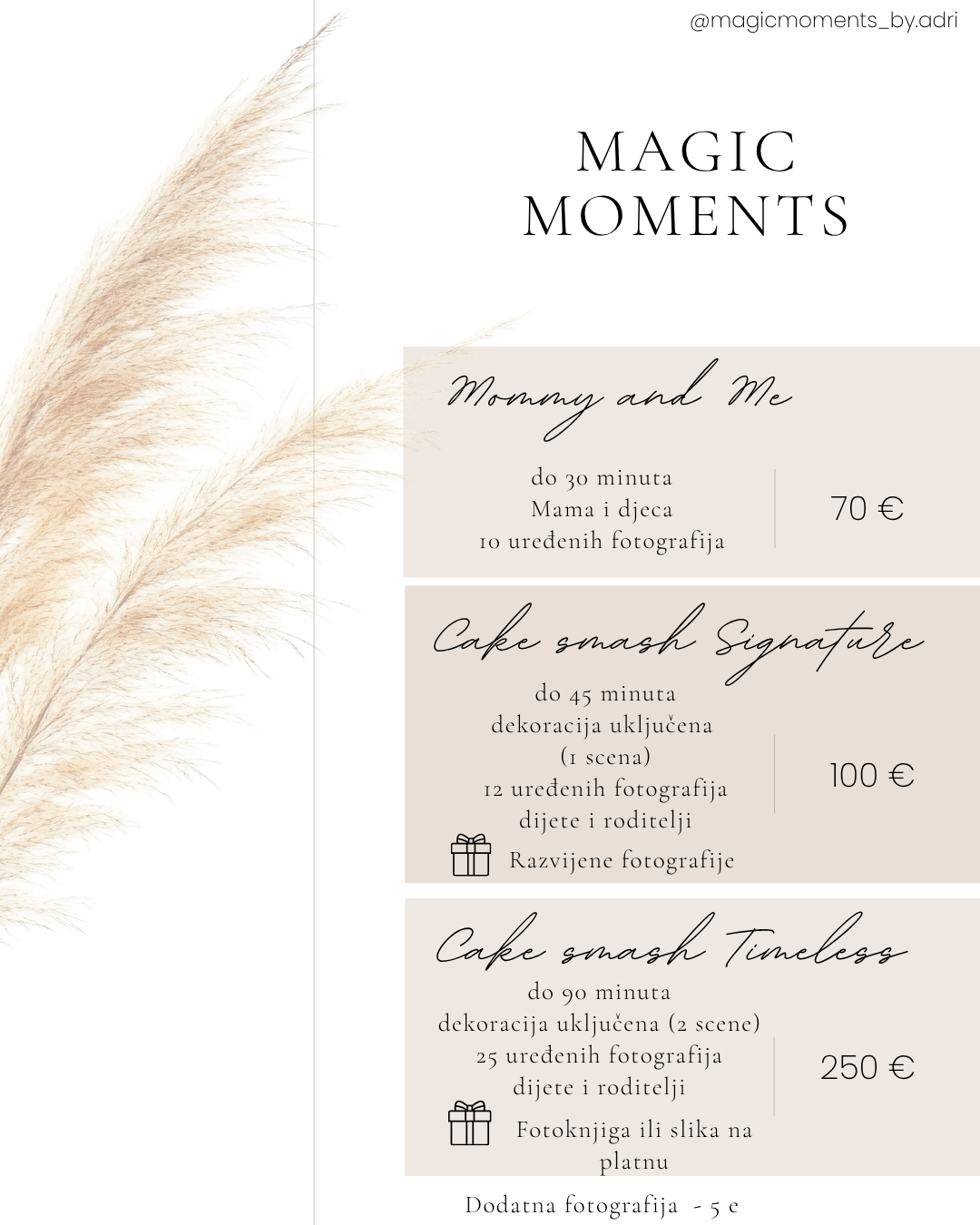 Magic Moments photography pricing menu featuring Mommy and Me, Cake Smash Signature, and Cake Smash Timeless packages.