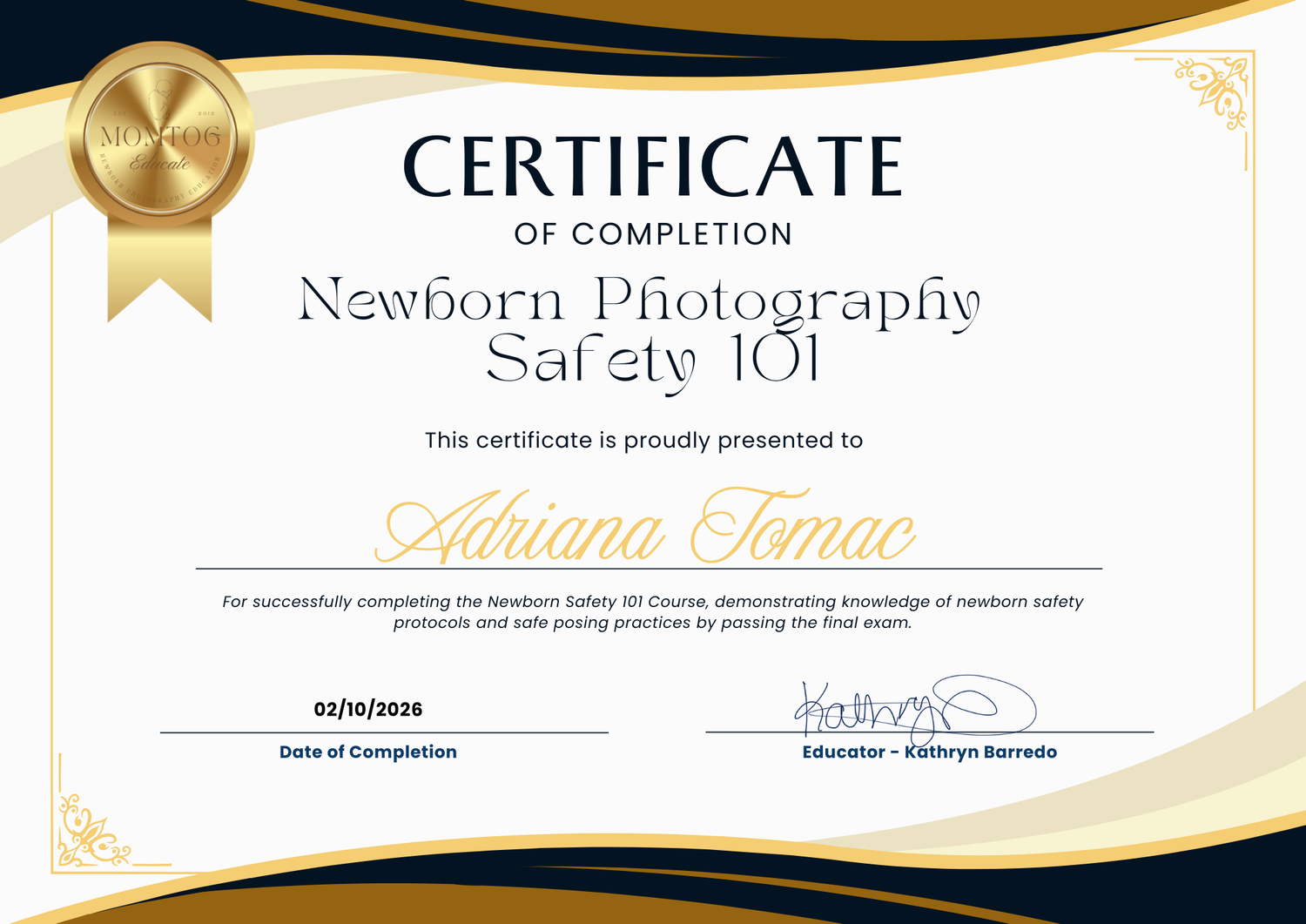 Certificate of Completion for Newborn Photography Safety 101 awarded to Adriana Tomac dated 02/10/2026.