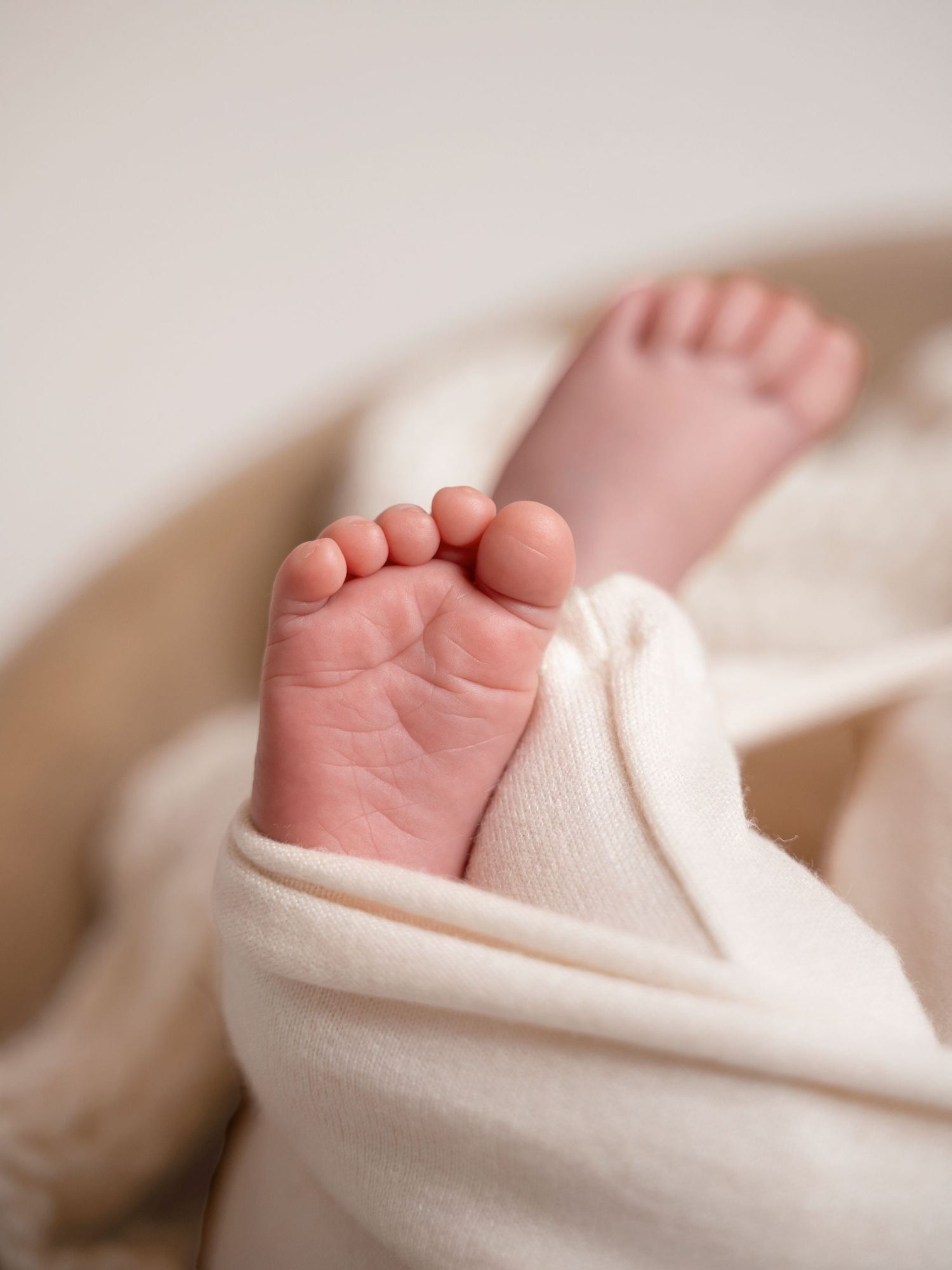 Close-up of tiny newborn baby feet wrapped in a soft cream blanket.