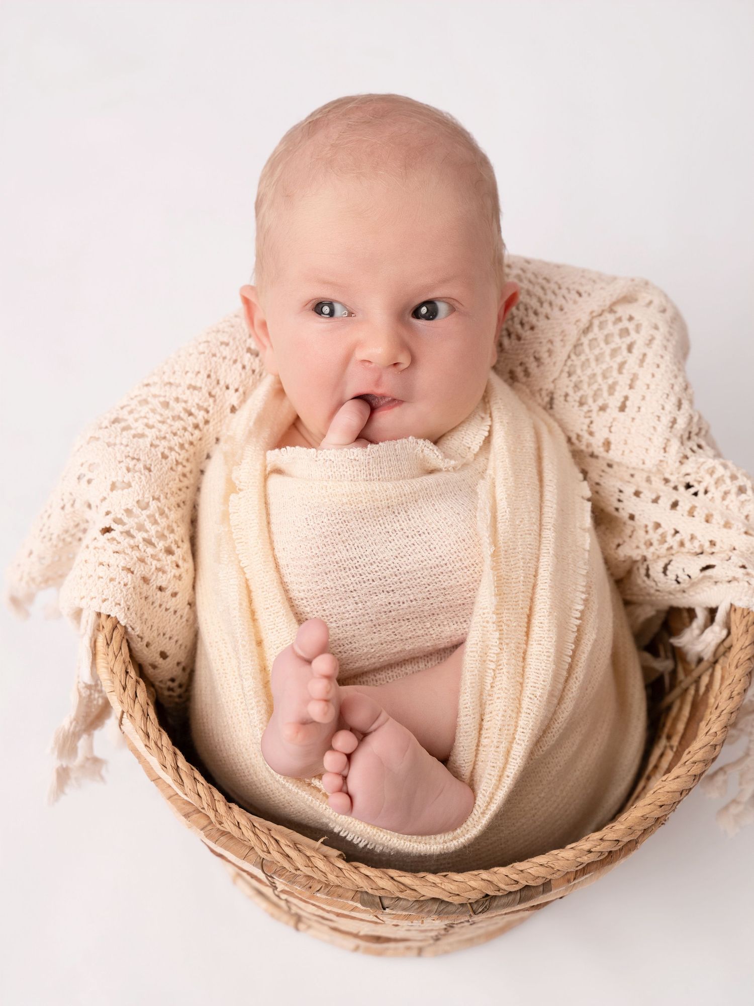 Newborn baby wrapped in cream knit swaddle, sitting in wicker basket with finger in mouth, studio photo.