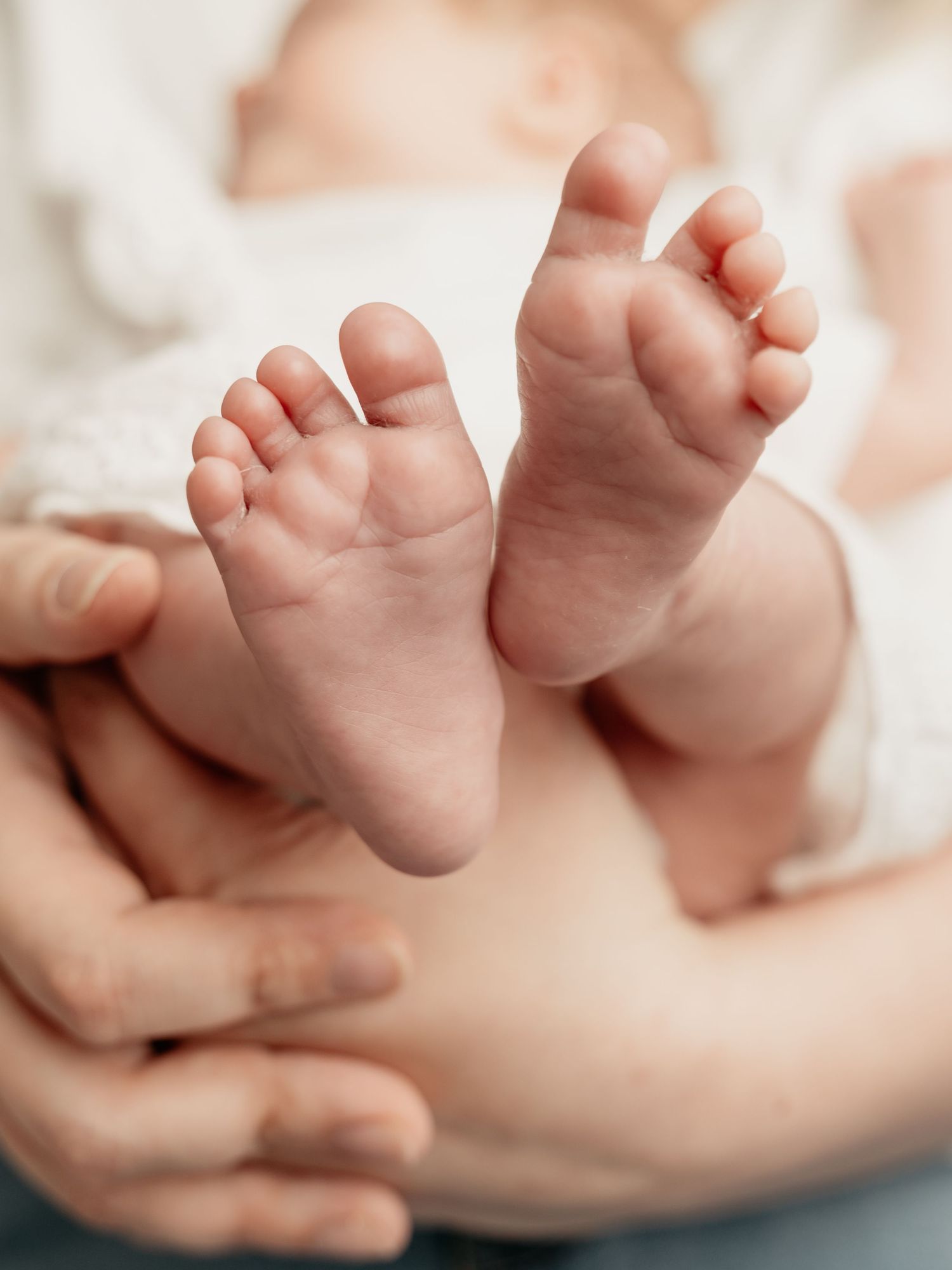 Close-up of newborn baby feet cradled gently in adult hands.