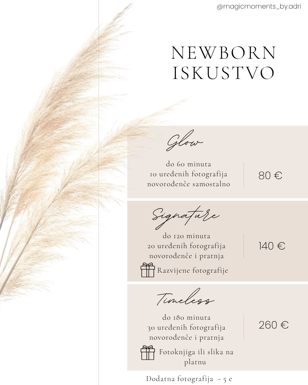 Newborn photography pricing guide in Croatian featuring three packages: Glow 80€, Signature 140€, and Timeless 260€.