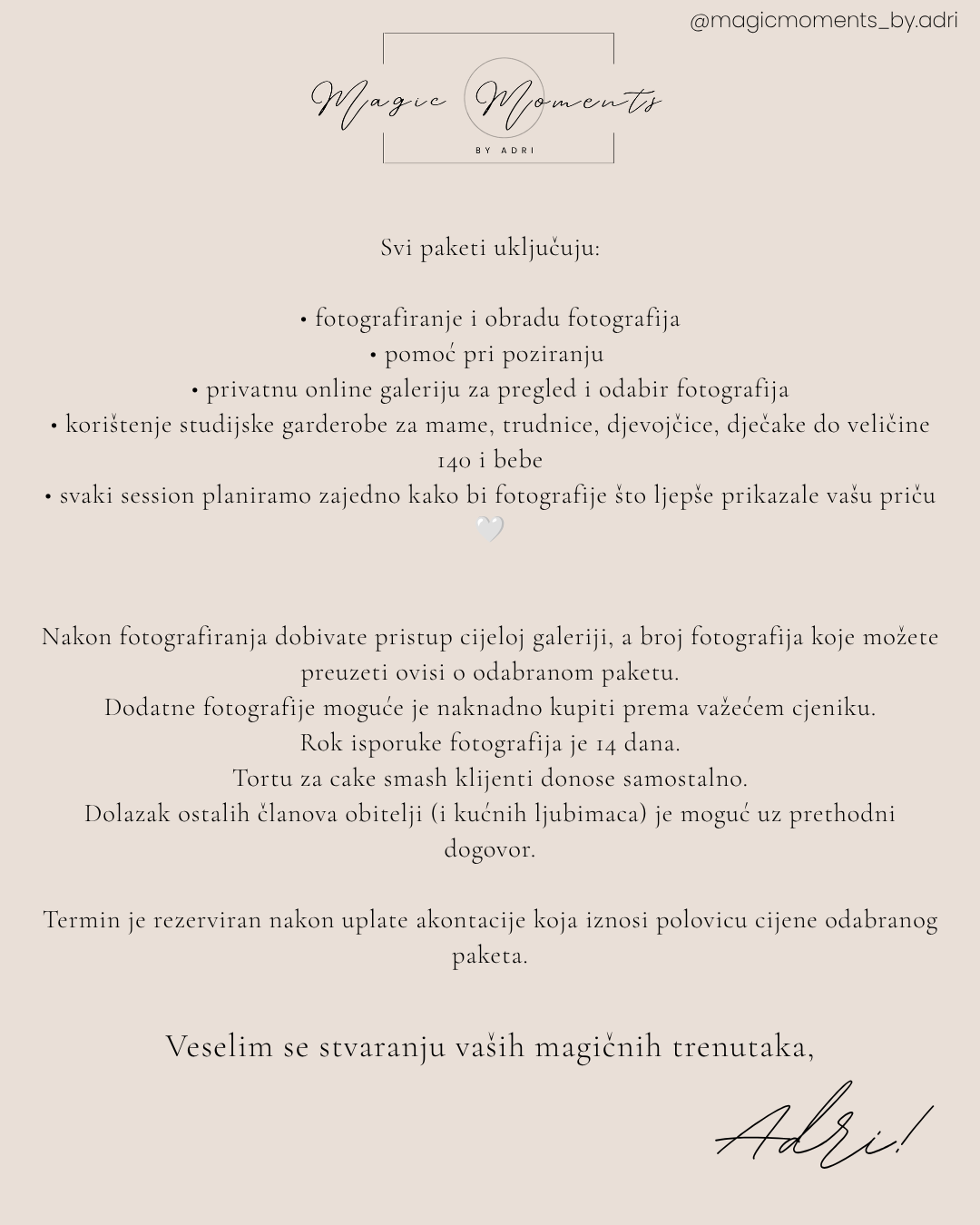 Magic Moments photography studio package details card listing services in Croatian language on beige background.