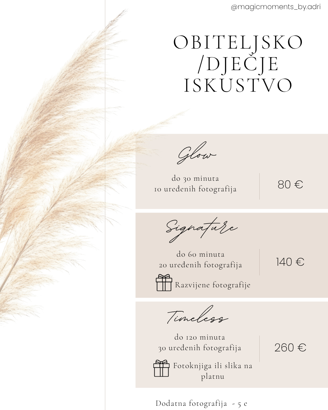 Croatian family photography pricing menu featuring Glow, Signature, and Timeless packages ranging from 80 to 260 euros.