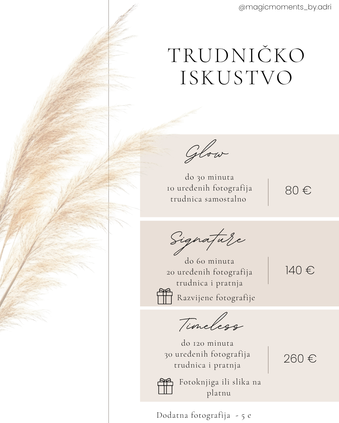 Pregnancy photography price list in Croatian featuring Glow, Signature, and Timeless packages with pampas grass decor.