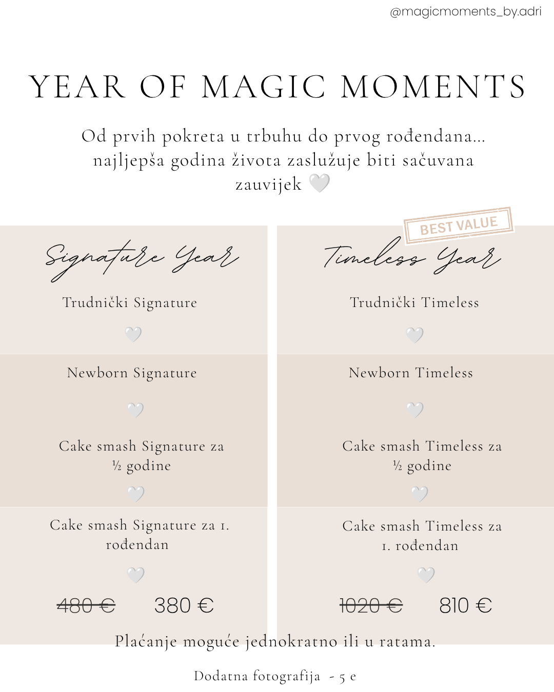 Promotional pricing card for Year of Magic Moments photography packages, showing Signature and Timeless Year options starting from 380€.