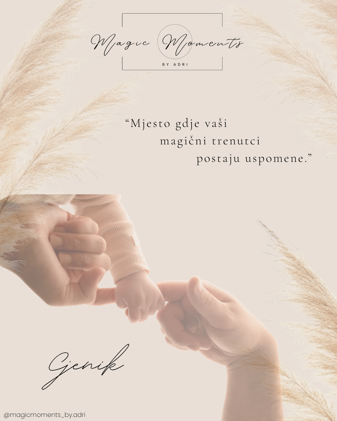 A baby's tiny hand grasping an adult's finger in a tender moment, with a soft beige floral photography studio branding poster.