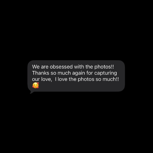 Text message showing enthusiastic feedback about photos with heart and fire emojis on a dark background.