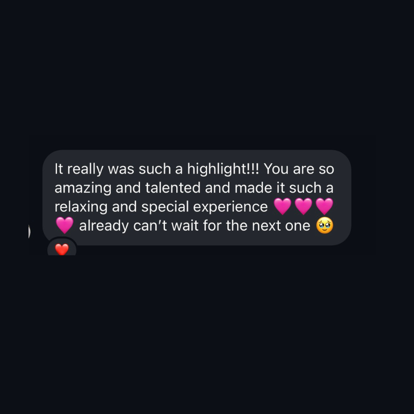 Screenshot of a glowing customer review text message praising an amazing and talented person for a relaxing special experience.