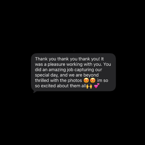Screenshots of text messages showing gratitude and excitement about a special day photo session.