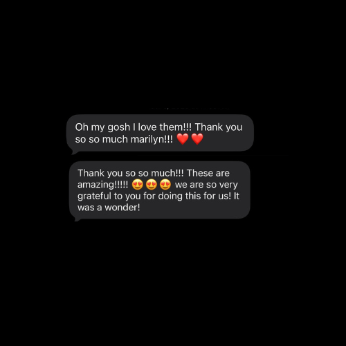 Text message conversation showing enthusiastic gratitude with heart emojis and exclamation marks on a black background.