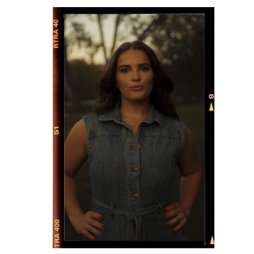 A sequence of fashion portraits showing a model in a sleeveless denim button-up top against a moody background.