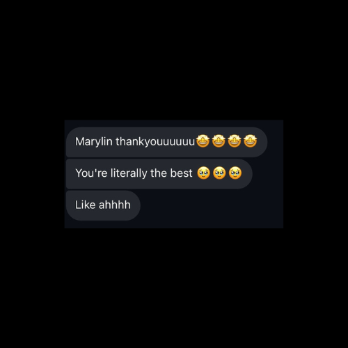 Three text message bubbles showing positive feedback and appreciation messages with emojis on a dark background.