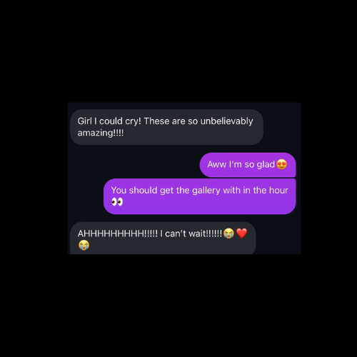 Screenshot of a text message conversation showing excitement with emojis and purple chat bubbles on a dark background.