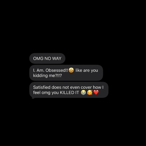 Text message conversation showing three dark message bubbles with expressions of surprise and excitement.