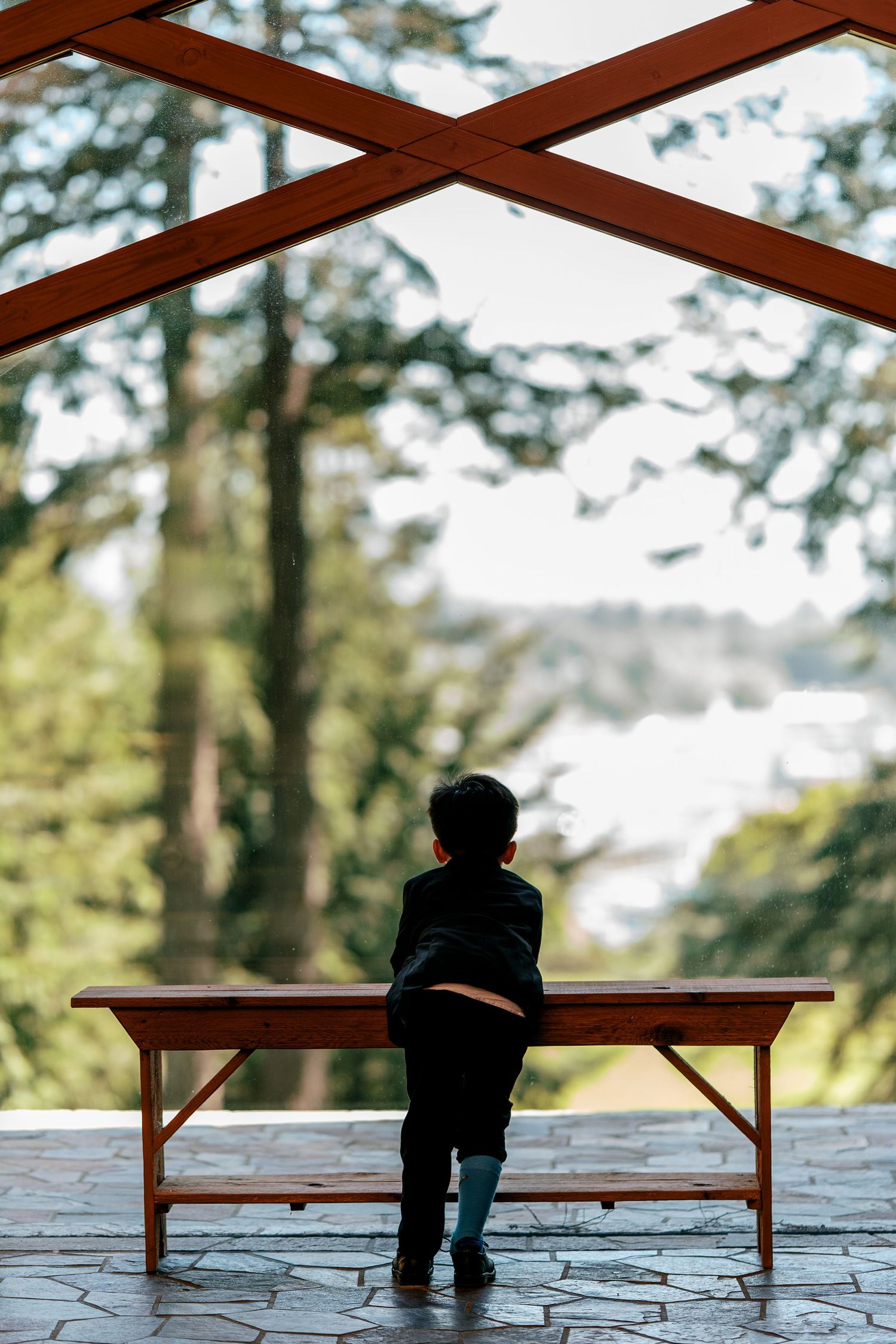Young boy in suit sitting alone on wooden bench gazing through chapel windows at trees.