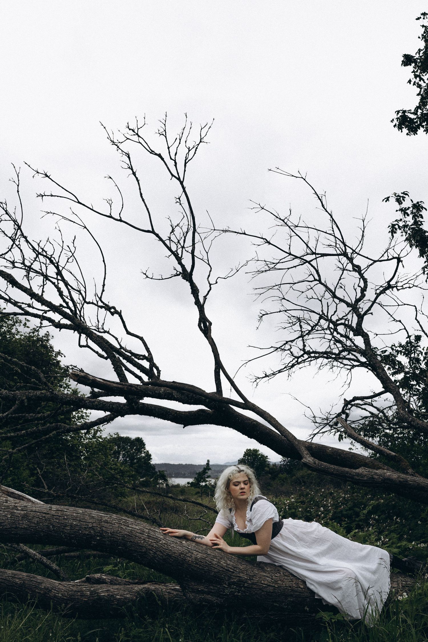 A blonde woman in a white dress leans gracefully on a fallen tree with bare branches against an overcast sky.