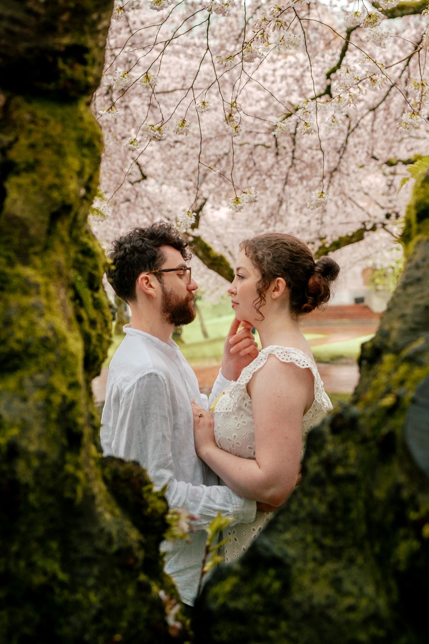 Romantic couple embracing between moss-covered trees with pink cherry blossoms behind them.
