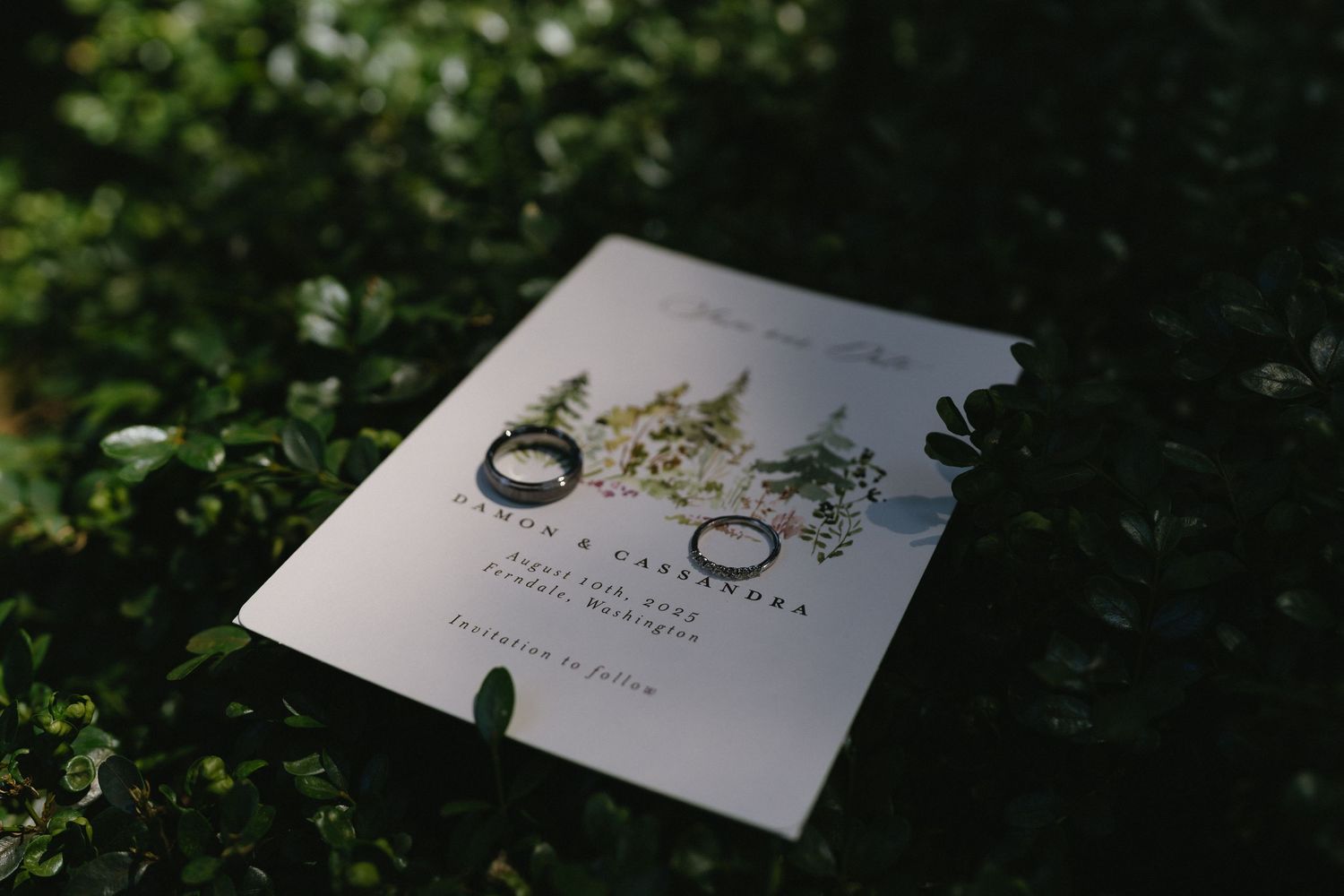 Wedding invitation with two rings resting on lush green foliage in natural light.