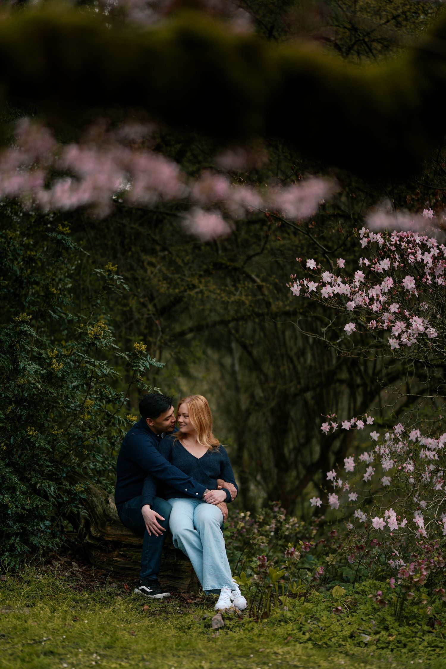 Couple sitting closely together framed by pink flowering shrubs and greenery.