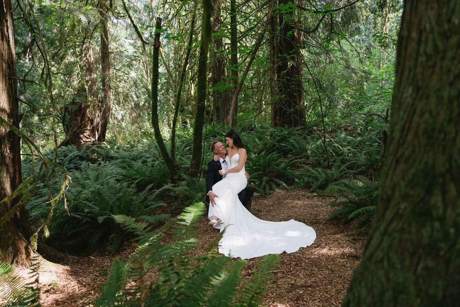 A bride and groom embrace in a lush forest setting, surrounded by ferns and tall trees on their wedding day.