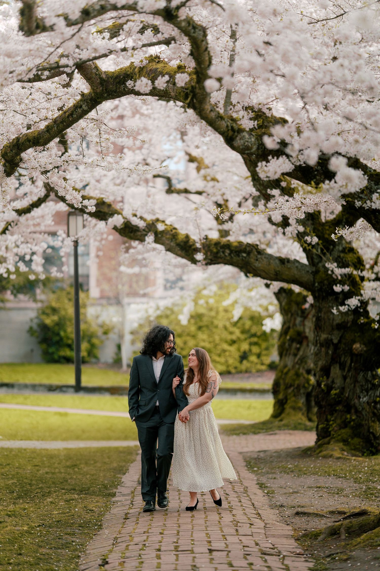 Couple walking hand in hand along brick path under canopy of pink cherry blossoms.