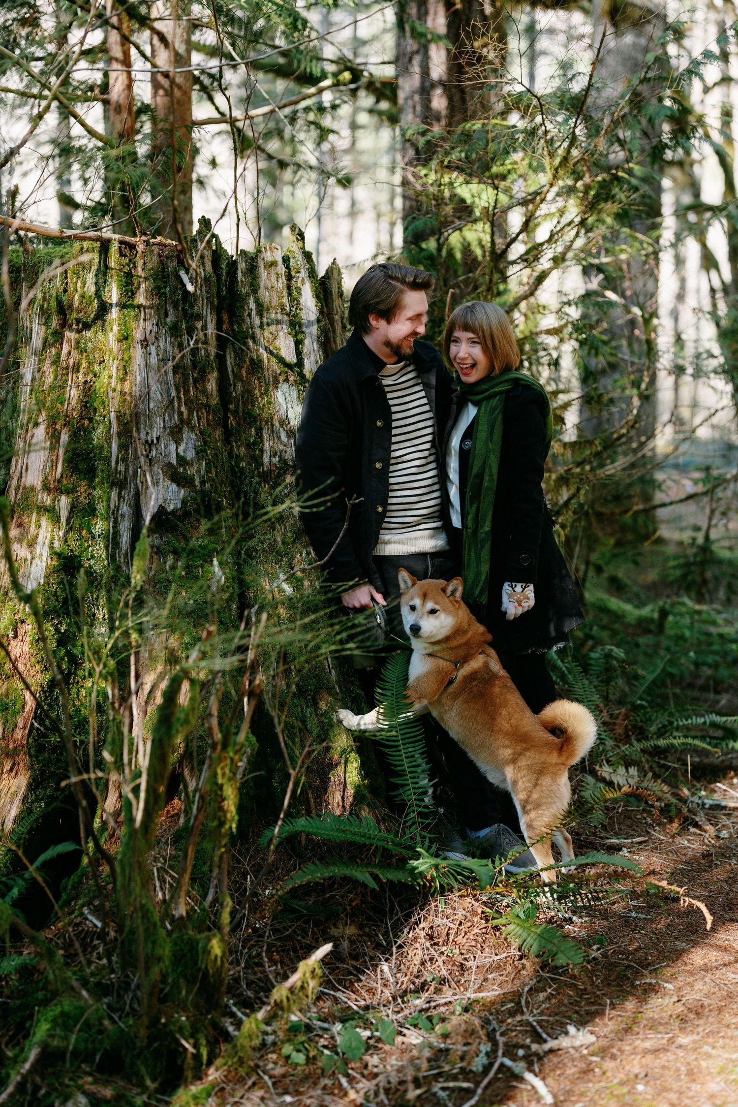 Couple smiling together with their Shiba Inu dog in a green moss-covered forest setting.