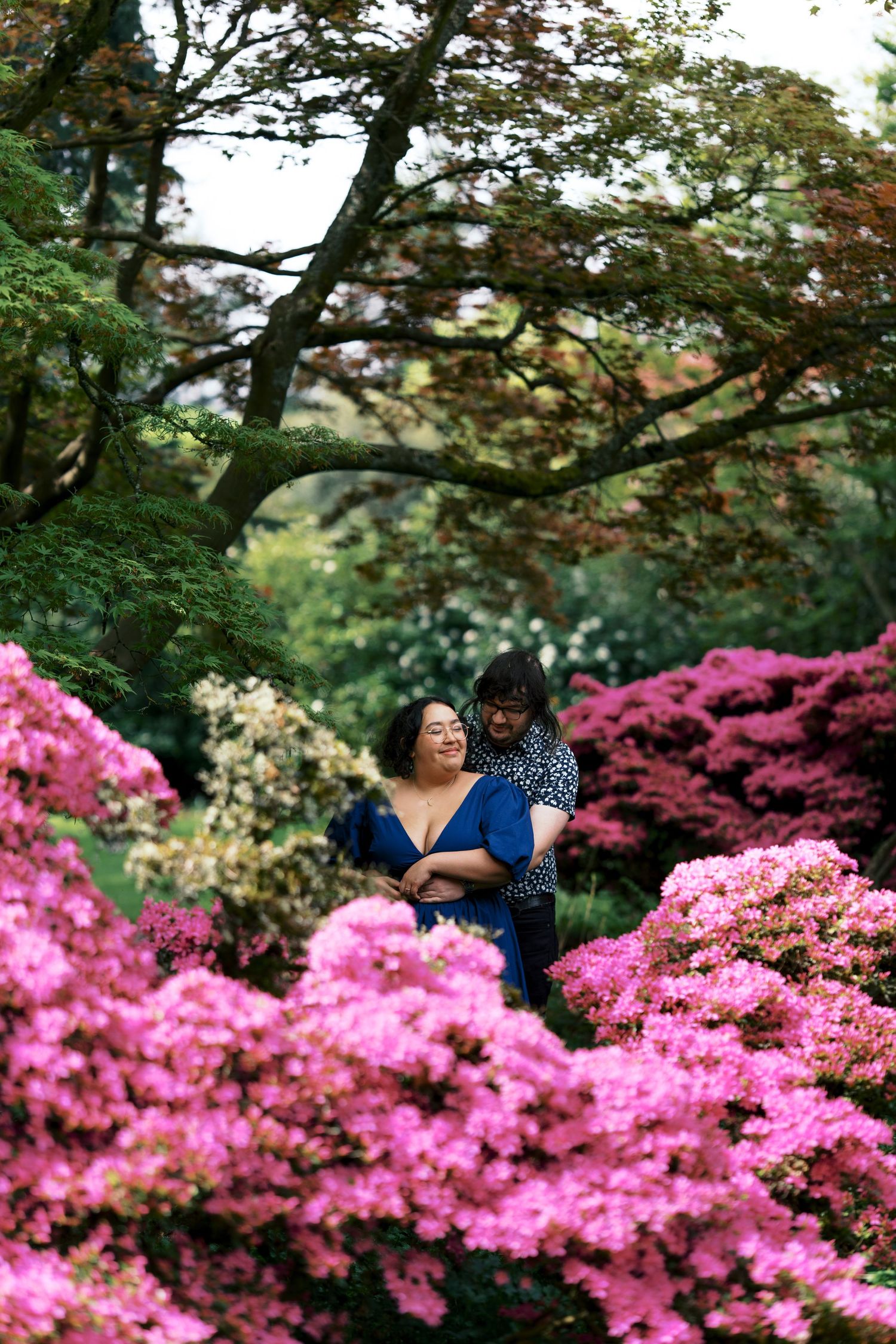 Romantic couple surrounded by vibrant pink azaleas and colorful spring flowers in a botanical garden.
