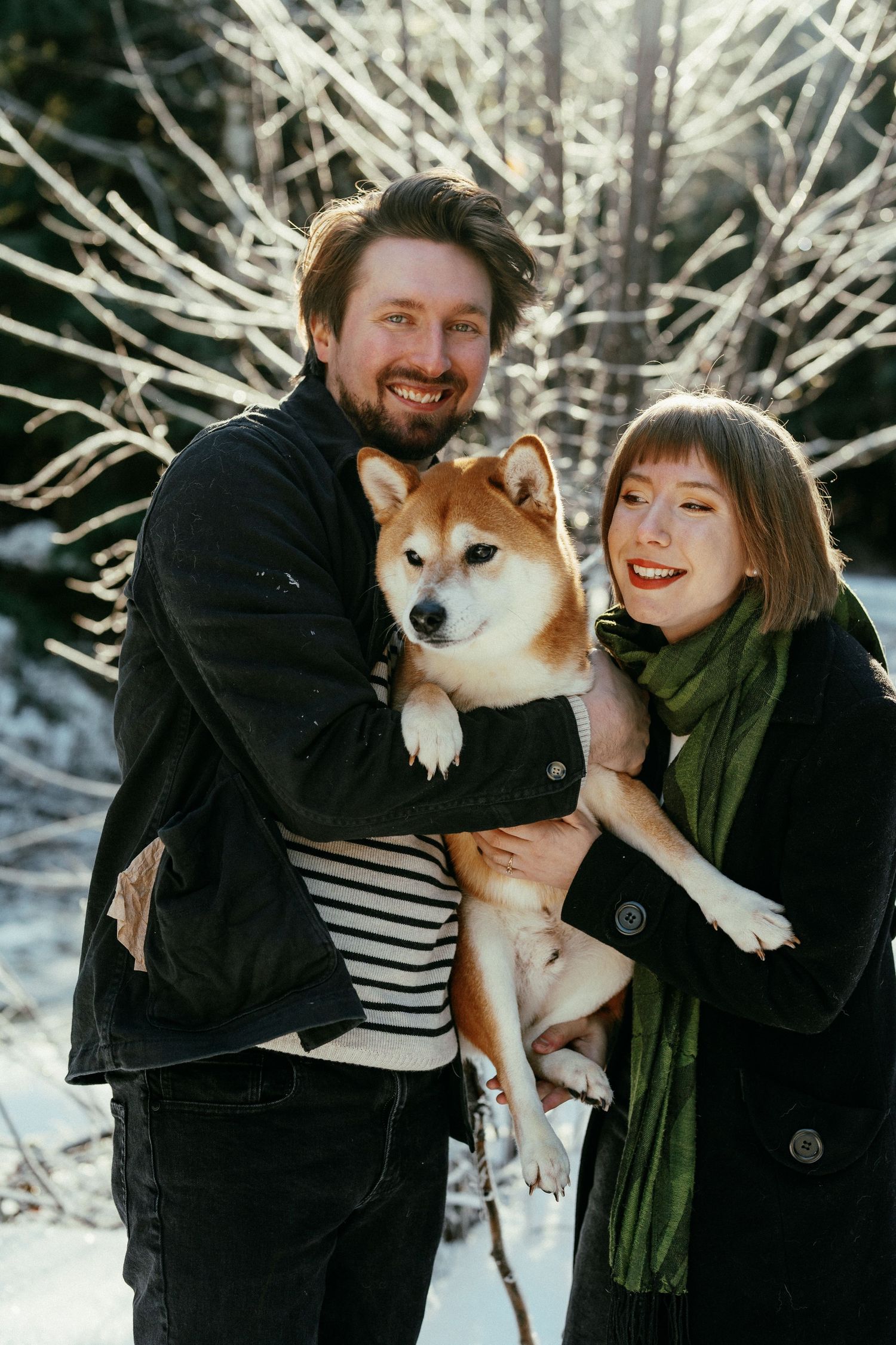 Smiling couple embracing Shiba Inu dog in bright winter forest with snow-covered branches behind them.