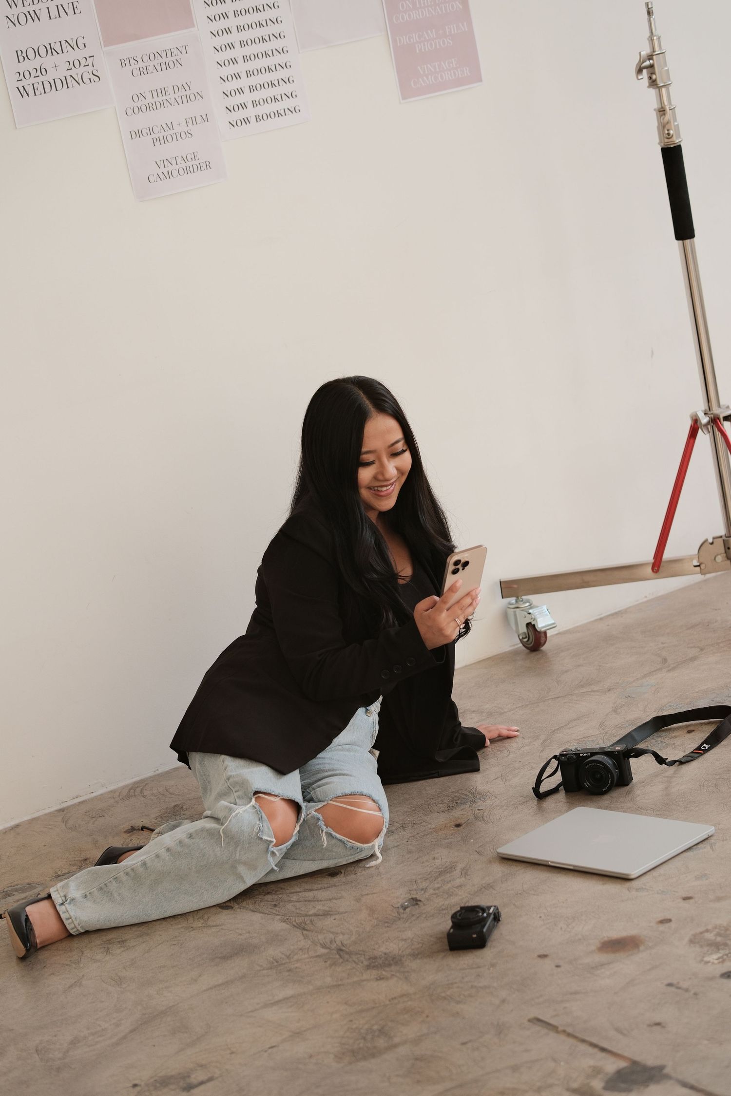 Behind-the-scenes photo sequence showing someone lying on the ground taking creative photos.