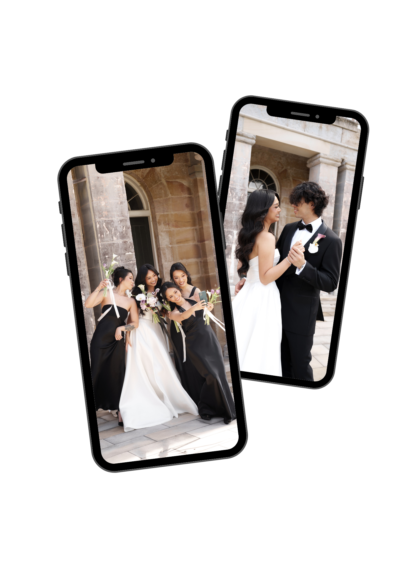 Black and white wedding photos displayed in tilted frames showing romantic moments.