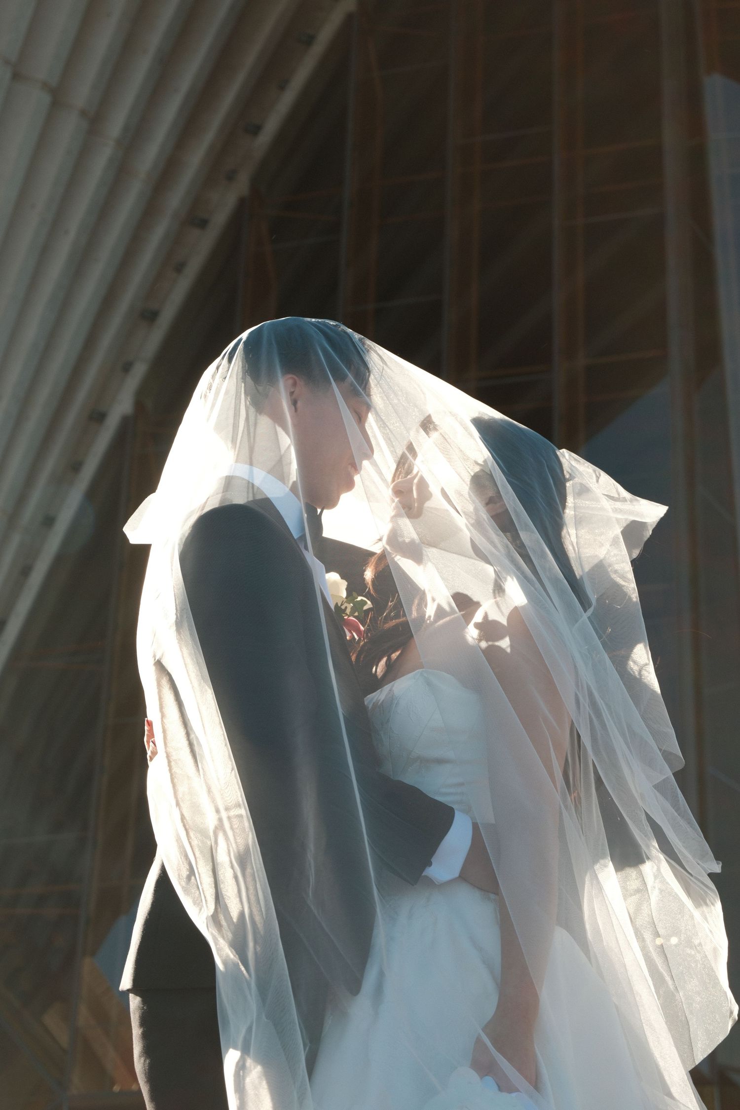 Bride and groom sharing a romantic kiss under a flowing white wedding veil outdoors on their wedding day.