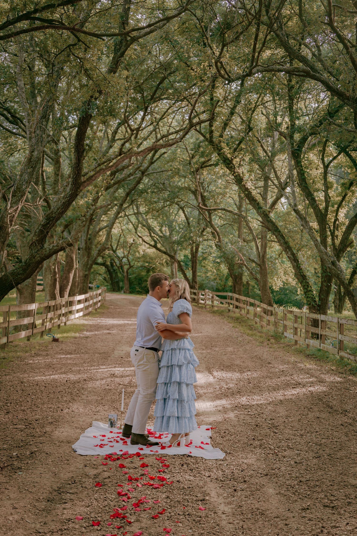 A couple shares an intimate moment on a tree-lined path with scattered rose petals.